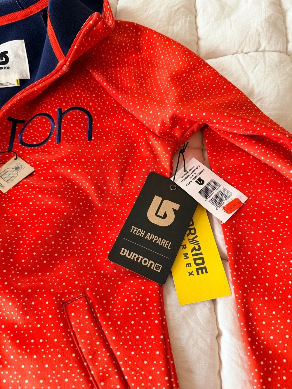 Burton Womens Orange and Navey Hooded Zip-Up Puffer Jacket with Micro Dot Print